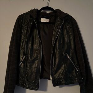 Black Faux Leather Jacket with Knit Sleeves